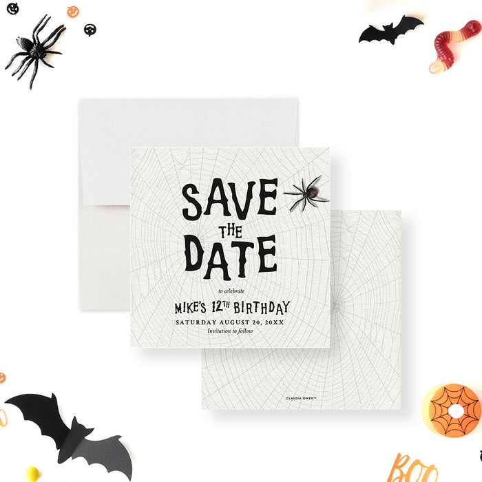 Spider web birthday save the date card with spooky black lettering, spider accent, and personalized party details-front-back