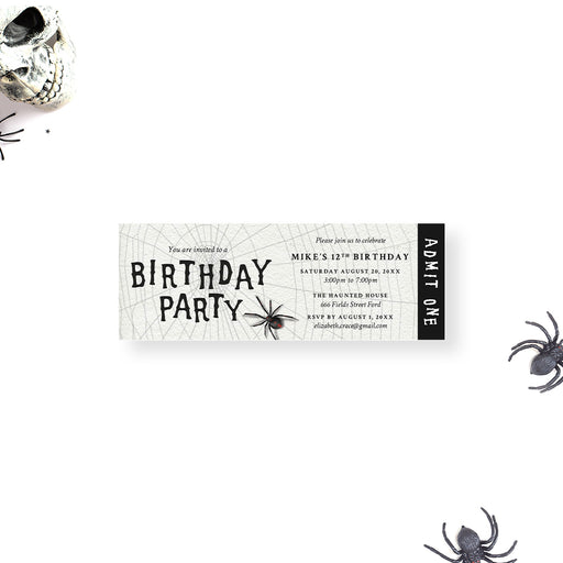 Spider web birthday ticket invitation with Admit One wording, spider artwork, and personalized party details