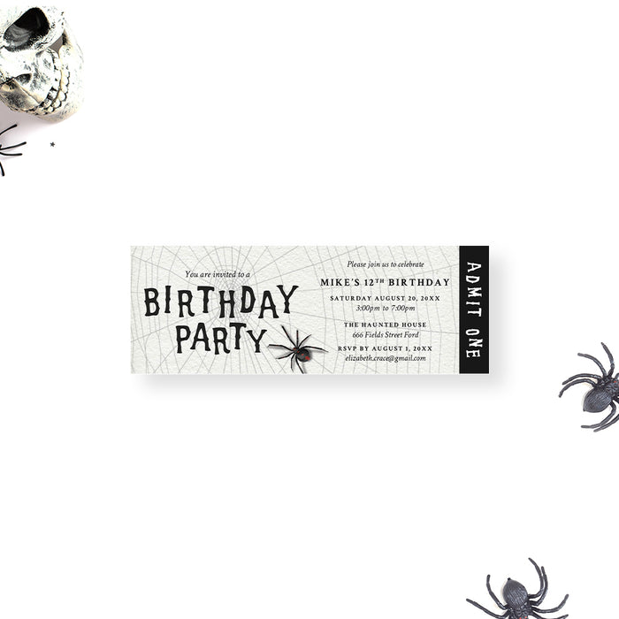 Spider web birthday ticket invitation with Admit One wording, spider artwork, and personalized party details