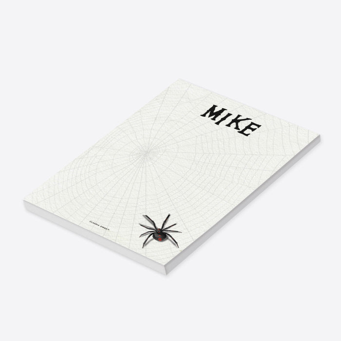 Personalized spider web notepad with custom name, pale web background, and spider artwork-side