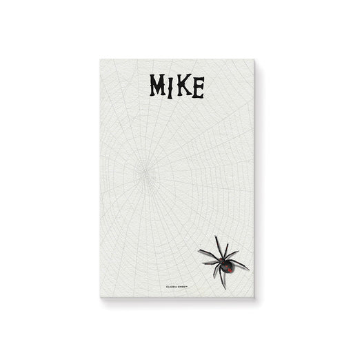 Personalized spider web notepad with custom name, pale web background, and spider artwork