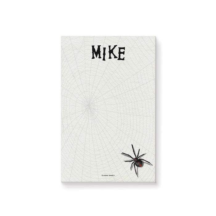 Personalized spider web notepad with custom name, pale web background, and spider artwork