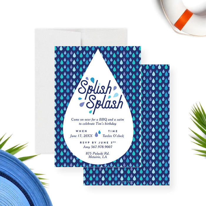 Personalized Splish Splash pool party birthday invitation for kids with blue water drop pattern, custom name, date, time, address and RSVP details-front-back