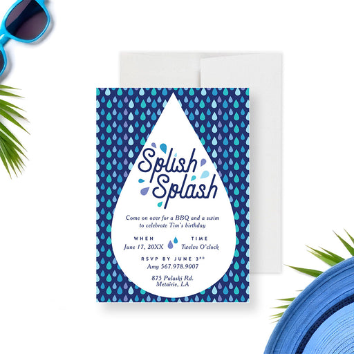 Personalized Splish Splash pool party birthday invitation for kids with blue water drop pattern, custom name, date, time, address and RSVP details-front