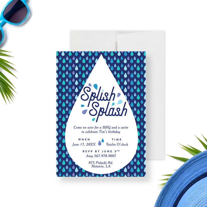Personalized Splish Splash pool party birthday invitation for kids with blue water drop pattern, custom name, date, time, address and RSVP details-front