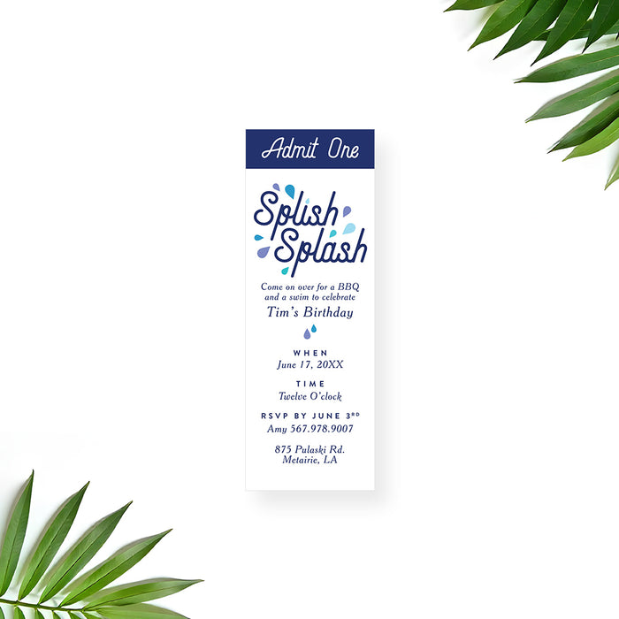 Personalized Splish Splash pool party birthday ticket invitation with blue water drops, custom date, time, address and RSVP details
