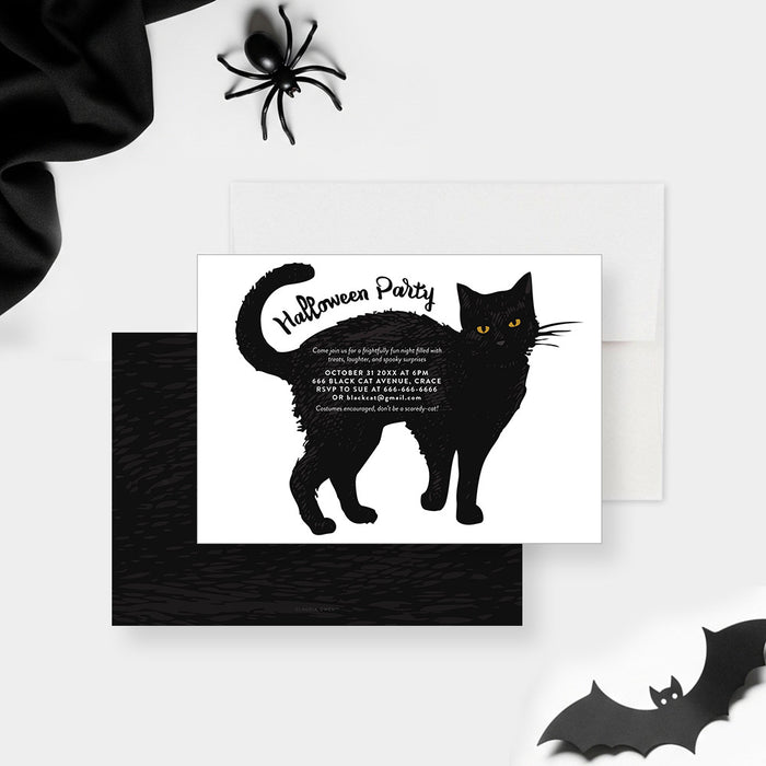 Personalized Halloween party invitation with a large hand-drawn black cat, glowing yellow eyes, white event wording and costume request-front-back
