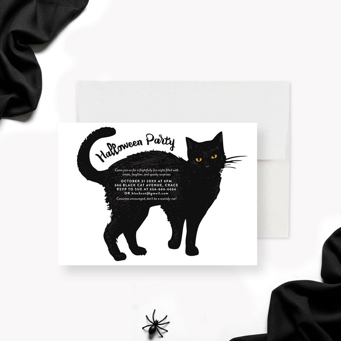 Personalized Halloween party invitation with a large hand-drawn black cat, glowing yellow eyes, white event wording and costume request-front