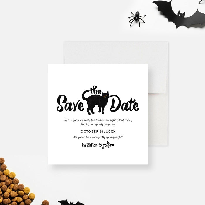Personalized Halloween party save the date card with black cat illustration, yellow eyes, purr-fectly spooky wording and October 31 event date-front