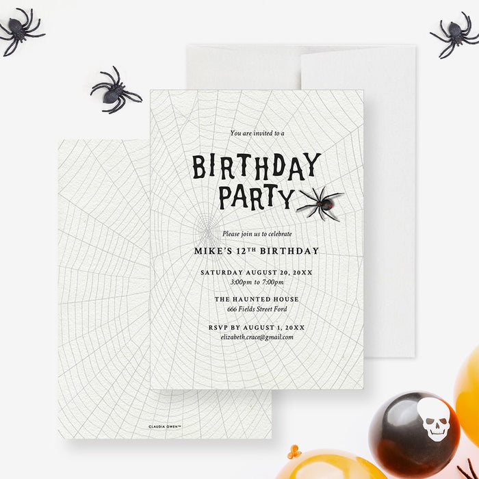 Spooky spider web birthday party invitation with black lettering, spider accent, and personalized party details-front-back