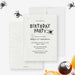 Spooky spider web birthday party invitation with black lettering, spider accent, and personalized party details-front-back