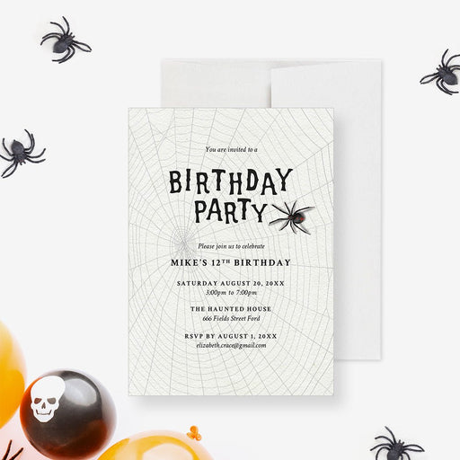 Spooky spider web birthday party invitation with black lettering, spider accent, and personalized party details-front