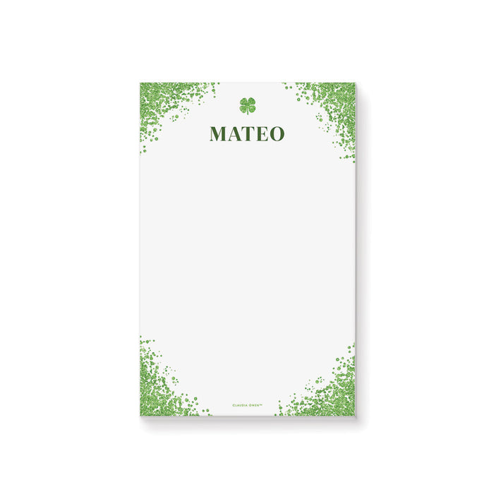 Personalized St. Patrick's Day notepad with a green speckled border, four-leaf clover, custom name and blank writing area