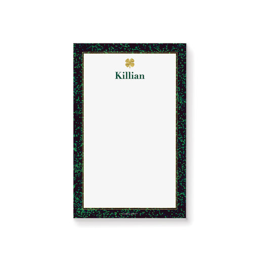 Green, black, and gold notepad with a four leaf clover design on the cover, personalized with your name 