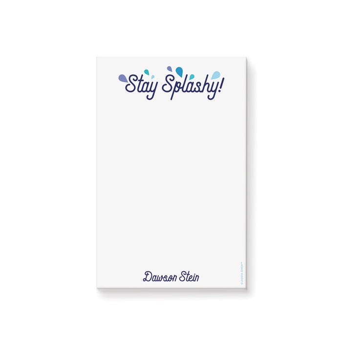 Personalized Stay Splashy pool party notepad for kids with custom name, blue and aqua water drop accents and large blank writing area