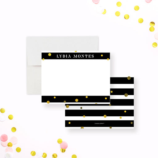 Personalized Striped Note Cards with Gold Confetti. Front and black and white striped back with printed gold confetti shown with a white envelope.