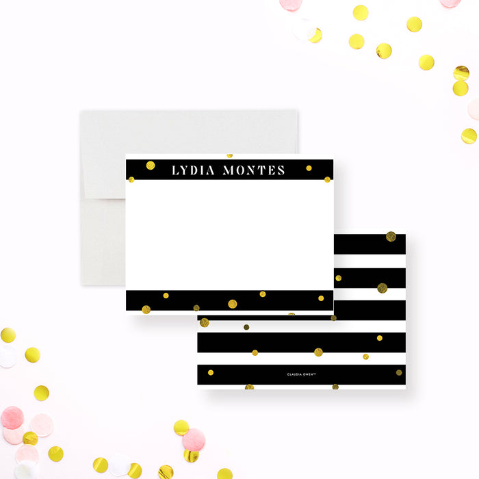 Personalized Striped Note Cards with Gold Confetti. Front and black and white striped back with printed gold confetti shown with a white envelope.