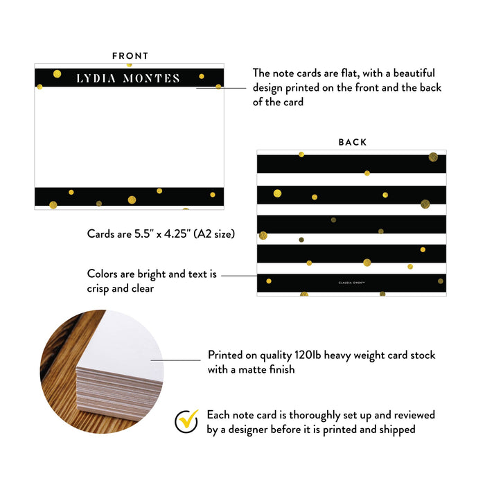 Product details graphic for personalized striped note cards with gold confetti, showing front and back designs, A2 size, and matte cardstock.