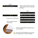Product details graphic for personalized striped note cards with gold confetti, showing front and back designs, A2 size, and matte cardstock.