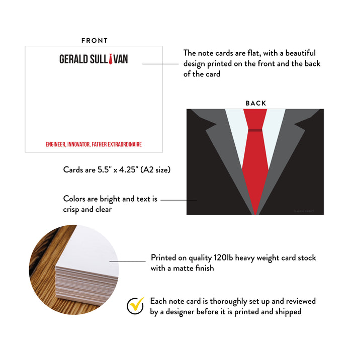 Front and back of personalized suit and tie note cards for dad showing A2 dimensions and matte cardstock details.