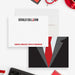 White personalized note card with a bold name and Father Extraordinaire title, beside a black suit and red tie illustration.