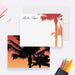Personalized note cards with sunset-colored palm trees around the white front and black palm silhouettes on the reverse.