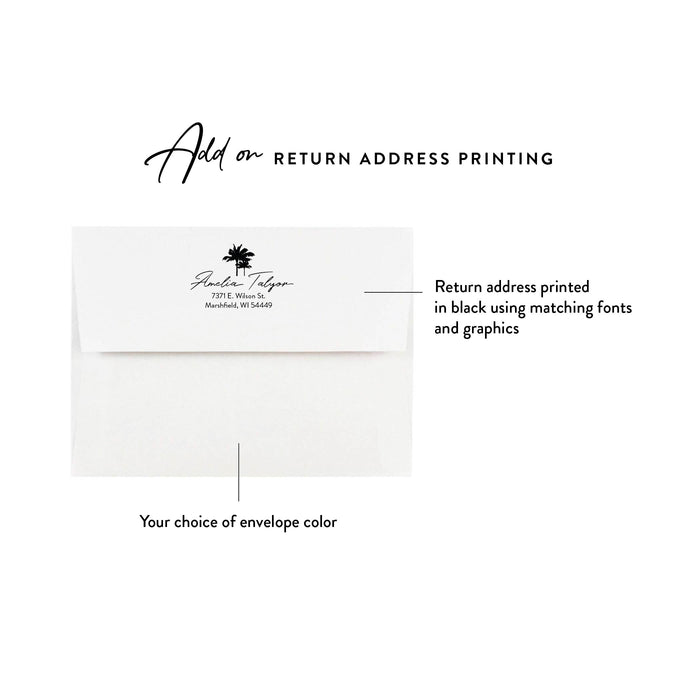 Optional return address printing example on a white envelope for personalized sunset palm tree note cards.