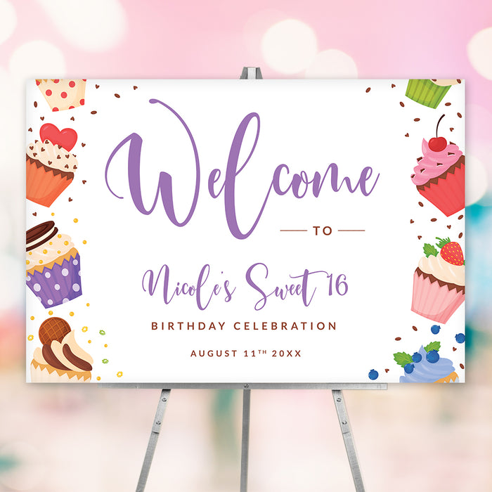 Personalized Sweet 16 birthday party welcome sign with Nicole’s name, purple script, celebration date and colorful illustrated cupcakes