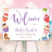 Personalized Sweet 16 birthday party welcome sign with Nicole’s name, purple script, celebration date and colorful illustrated cupcakes