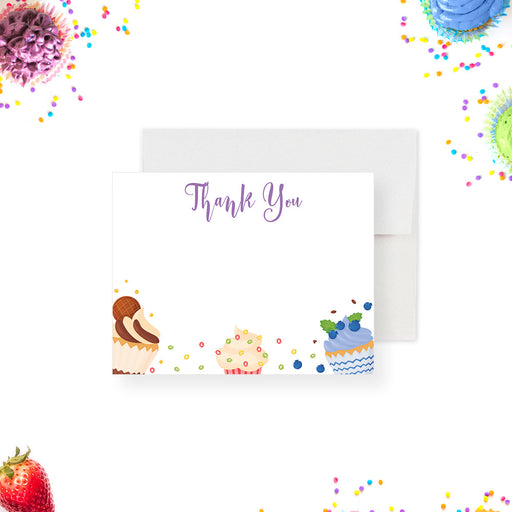 Personalized Sweet 16 cupcake thank you card with colorful cupcakes, berries, sprinkles, and purple background-front