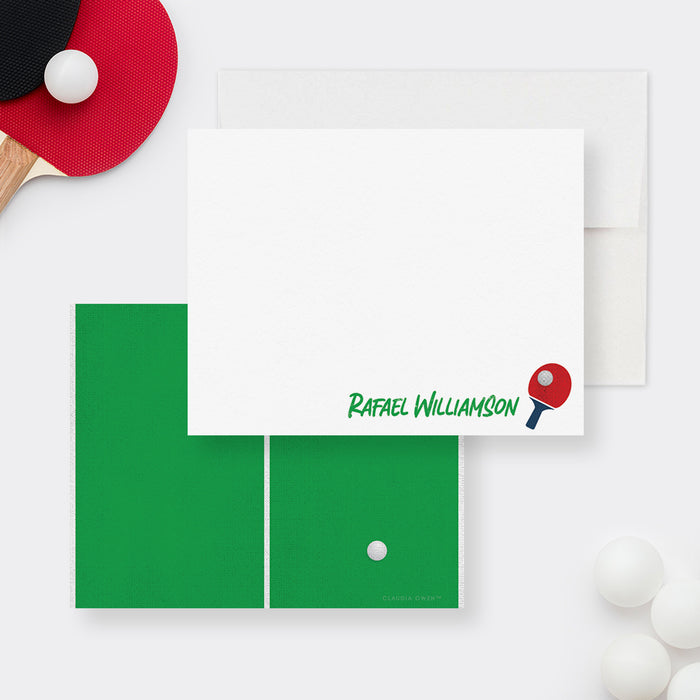 Personalized table tennis note card featuring a custom name, red ping-pong paddle and matching green table tennis design on the back