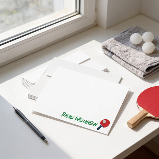 Personalized table tennis note card featuring a custom name, red ping-pong paddle 