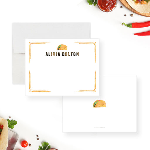 Personalized taco-themed thank you card with a watercolor taco illustration, rustic western-style name, and blank space for messages-front-back
