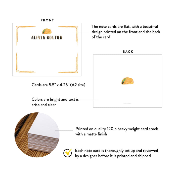 Product details graphic for personalized taco note cards for fiesta parties, showing front and back designs, A2 size, and matte cardstock.