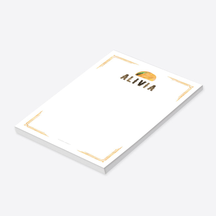 Personalized taco-themed notepad featuring a watercolor taco illustration, rustic western-style name, and a spacious writing area-side