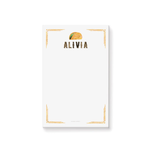 Personalized taco-themed notepad featuring a watercolor taco illustration, rustic western-style name, and a spacious writing area
