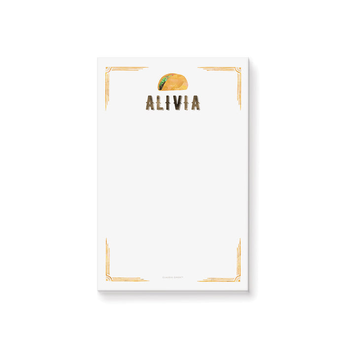 Personalized taco-themed notepad featuring a watercolor taco illustration, rustic western-style name, and a spacious writing area