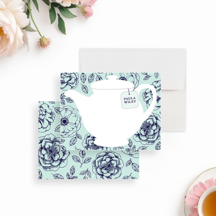 personalized tea party thank you card with white teapot illustration, floral mint background, custom name tea tag, and blank writing space-front-back