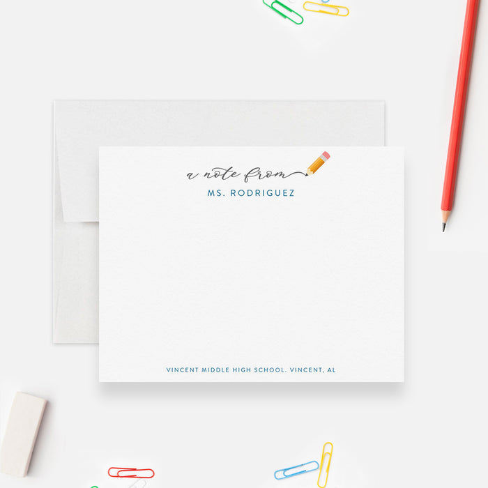 Teacher appreciation personalized note card set with pencil design