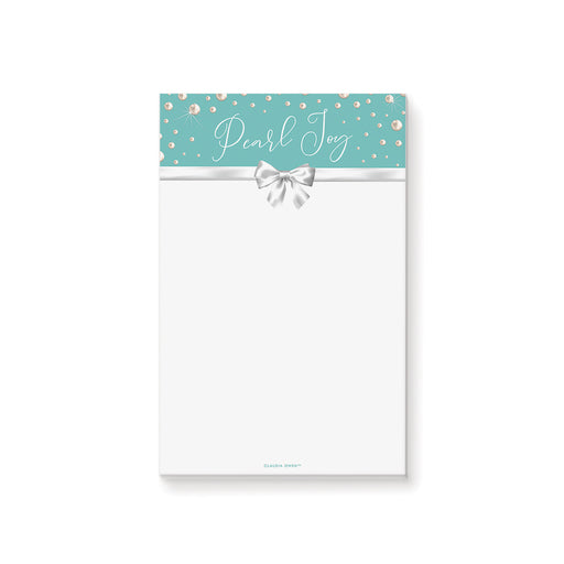 personalized teal notepad with pearl accents, white bow design, custom name, and blank writing space