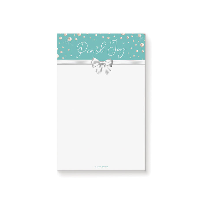 personalized teal notepad with pearl accents, white bow design, custom name, and blank writing space