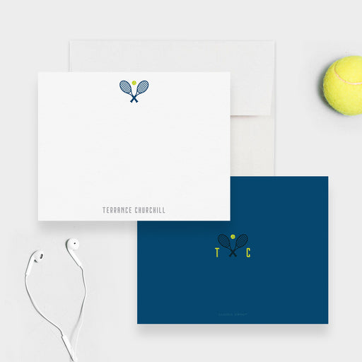 Personalized tennis note card with a name, tennis ball and rackets, plus monogram initials on the back-front-back