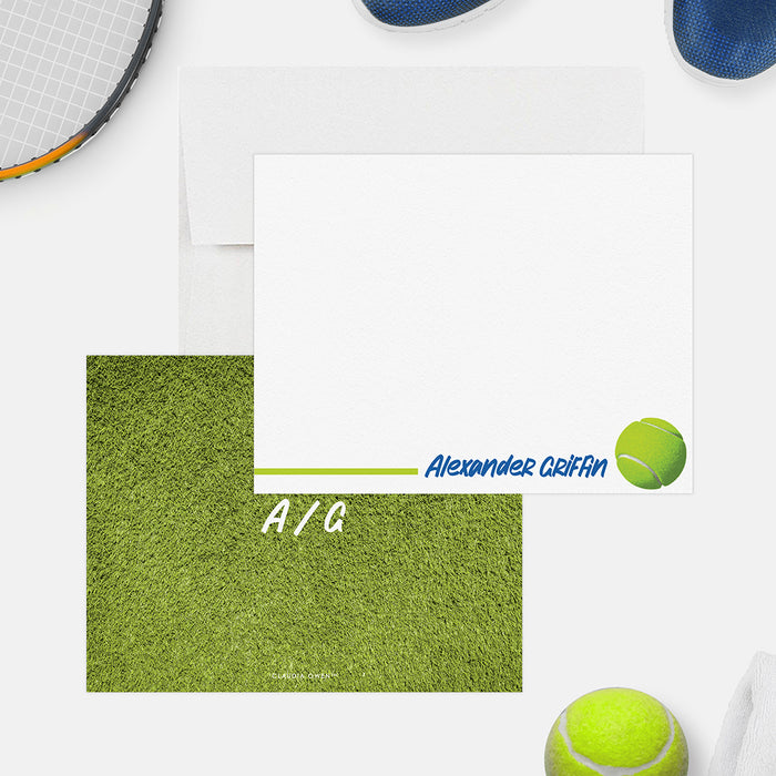 Tennis note cards with a green tennis ball and personalized name on the white front, and white initials on a green grass-patterned back.