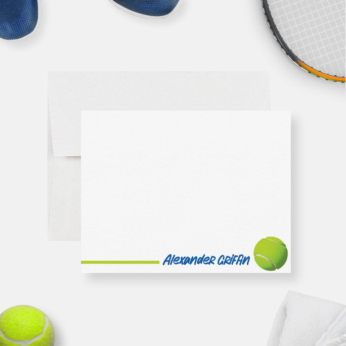 Personalized tennis note card with a green tennis ball, slim green line and blue name along the bottom of a white front.