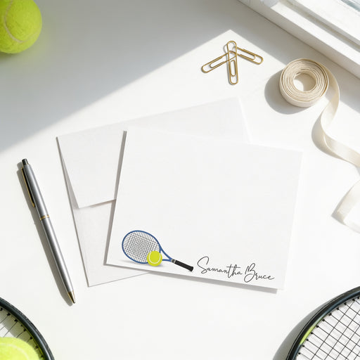Personalized tennis note card featuring a custom script name, tennis racket and ball
