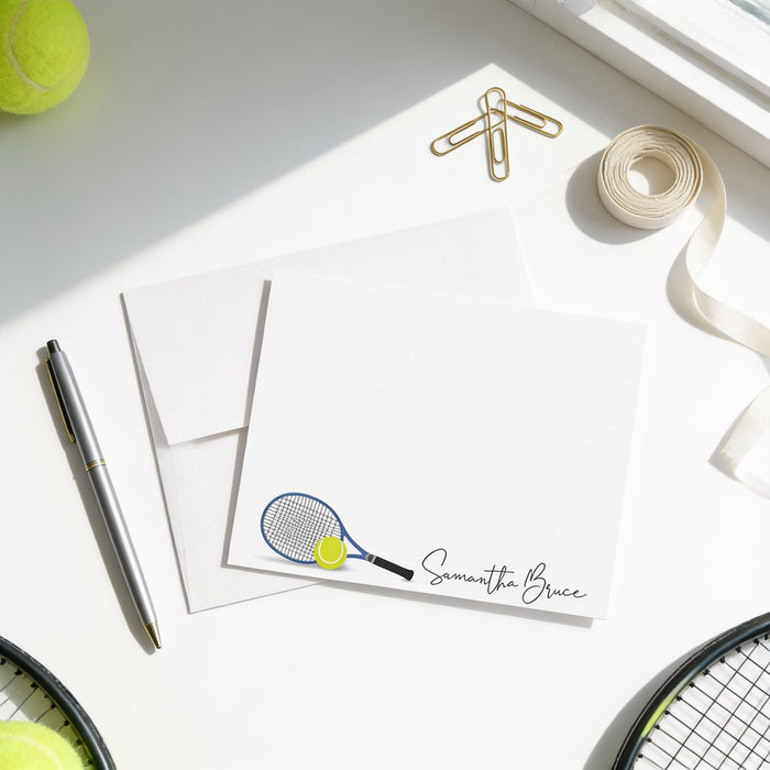 Personalized tennis note card featuring a custom script name, tennis racket and ball