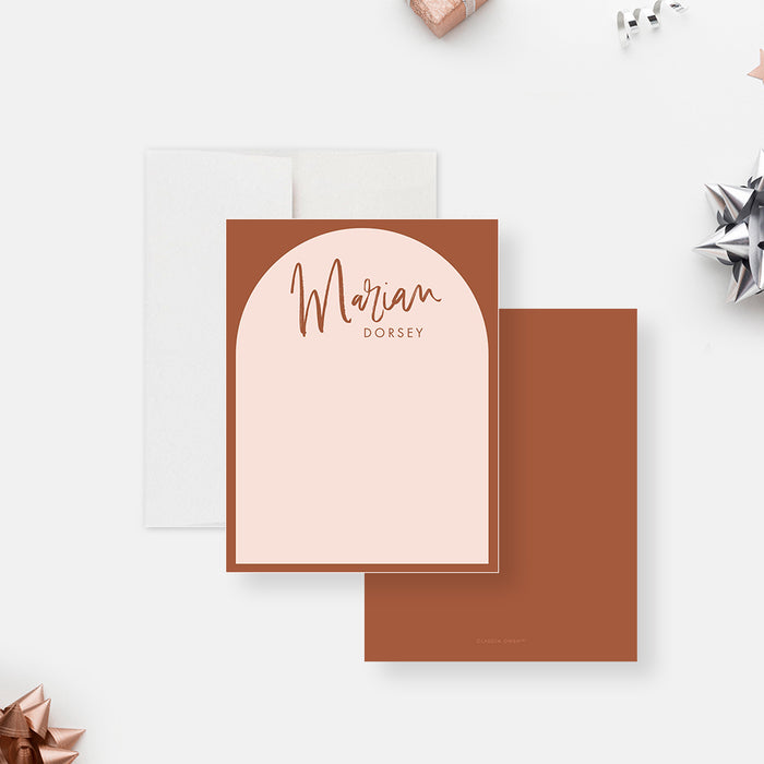 personalized terracotta arch note card with custom name, blush writing area, warm rust border, and minimalist thank you card design-front-back