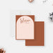 personalized terracotta arch note card with custom name, blush writing area, warm rust border, and minimalist thank you card design-front-back