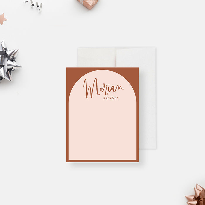 personalized terracotta arch note card with custom name, blush writing area, warm rust border, and minimalist thank you card design-front