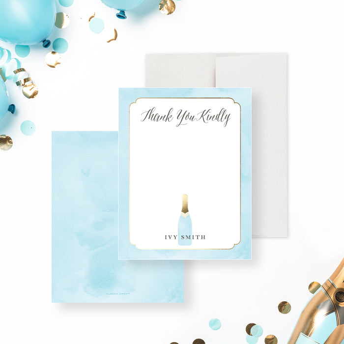 Personalized thank you card with Thank You Kindly script, custom name, pale blue watercolor border and small champagne bottle-front-back